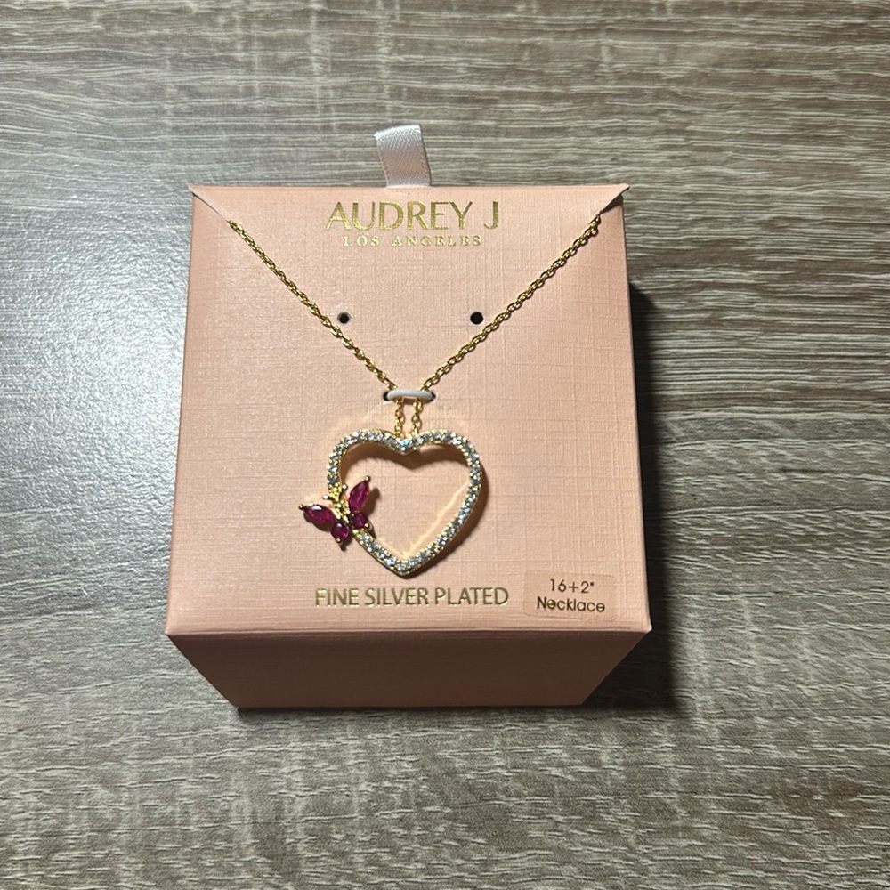 Audrey J Heart Butterfly Necklace- Fine Silver Plated